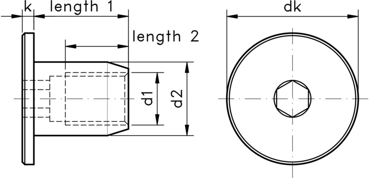 technical drawing of Flat Head Sleeve Nuts