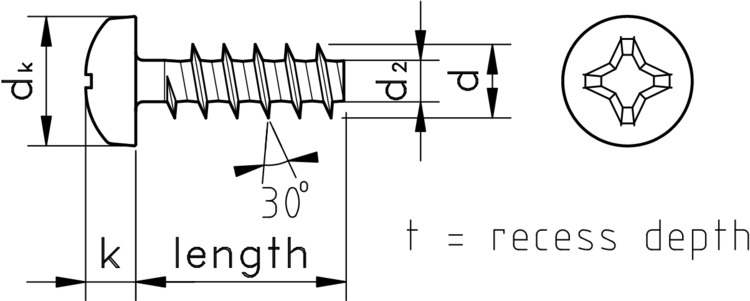 technical drawing of Thread Forming Screws with Phillips Pan Head and 30° Thread Angle