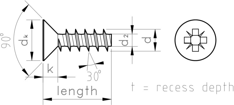 technical drawing of 30° Pozi Countersunk thread forming screws