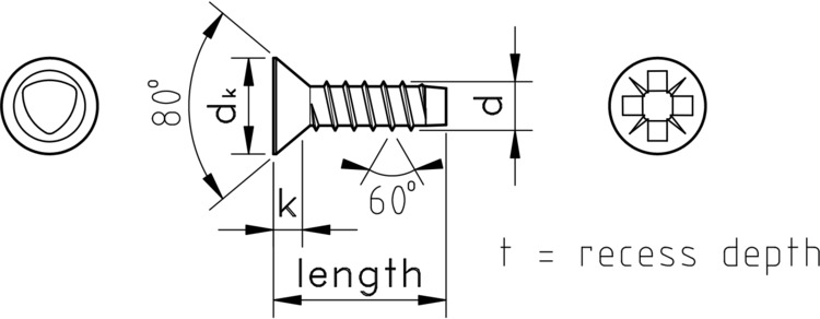 technical drawing of 60° Pozi Countersunk thread forming screws