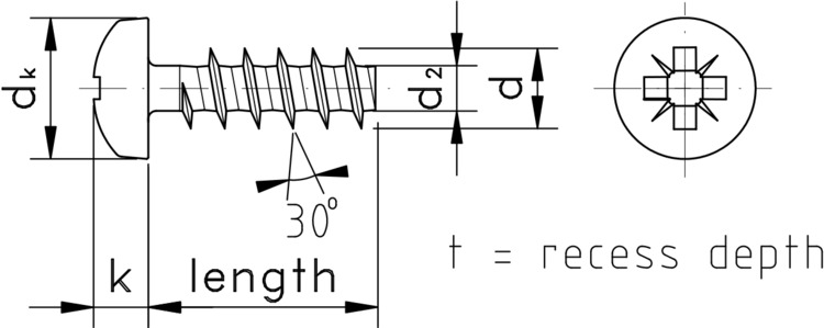 technical drawing of 30° Thread Forming Screws with Pozi Pan Head