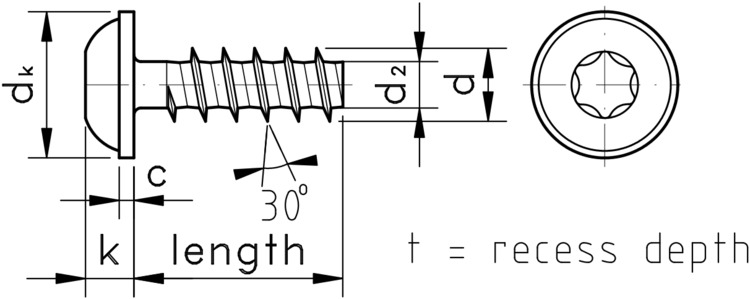 technical drawing of 30° Torx Pan Flange thread forming screws