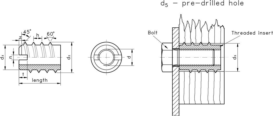 technical drawing of Threaded Insert for Wood, to DIN 7965