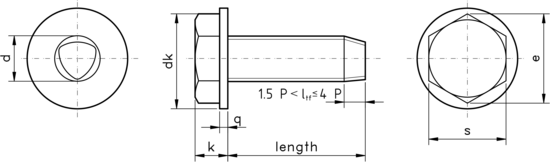 technical drawing of Hex Head Thread Rolling Screws for Metal, Similar to DIN 7500