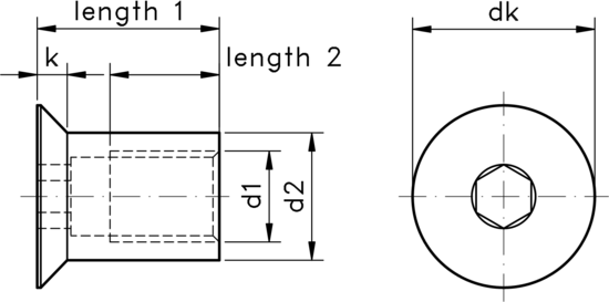 technical drawing of Sleeve Nuts With Countersunk Head and Hex Socket Drive