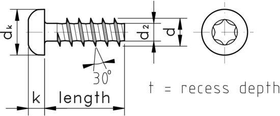 technical drawing of Torx Pan Thread Forming Screws for Plastics, 30 Degree Thread