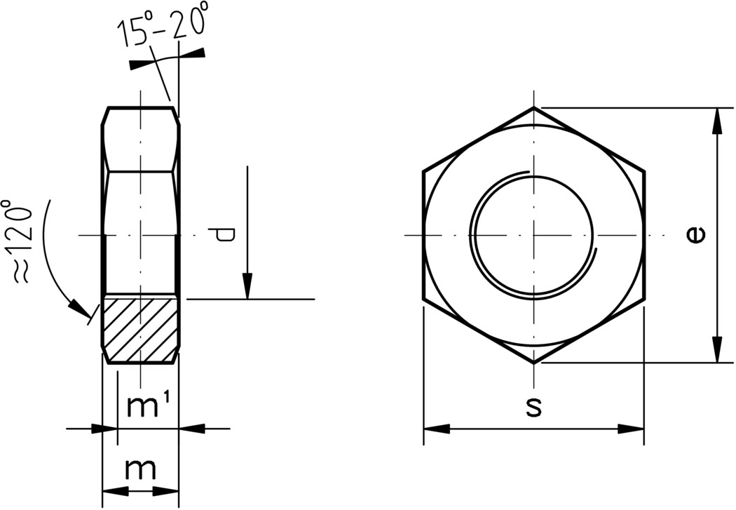 technical drawing of Hex Thin Nuts, to DIN Standard 936
