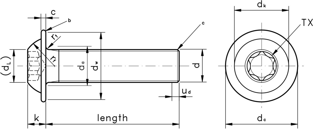 technical drawing of Torx Drive Button Head Screws with Flange, to ISO 7380 part 2